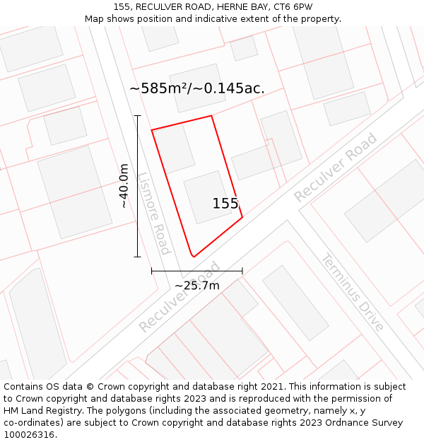 155, RECULVER ROAD, HERNE BAY, CT6 6PW: Plot and title map