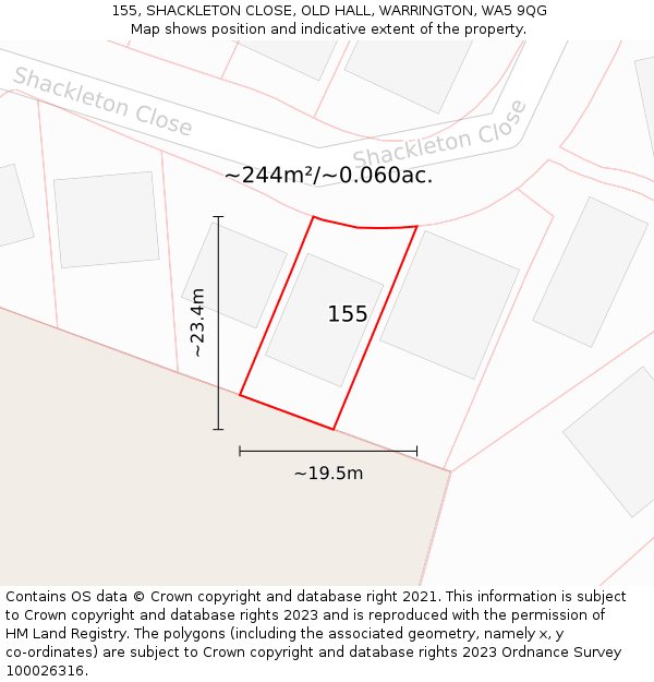 155, SHACKLETON CLOSE, OLD HALL, WARRINGTON, WA5 9QG: Plot and title map