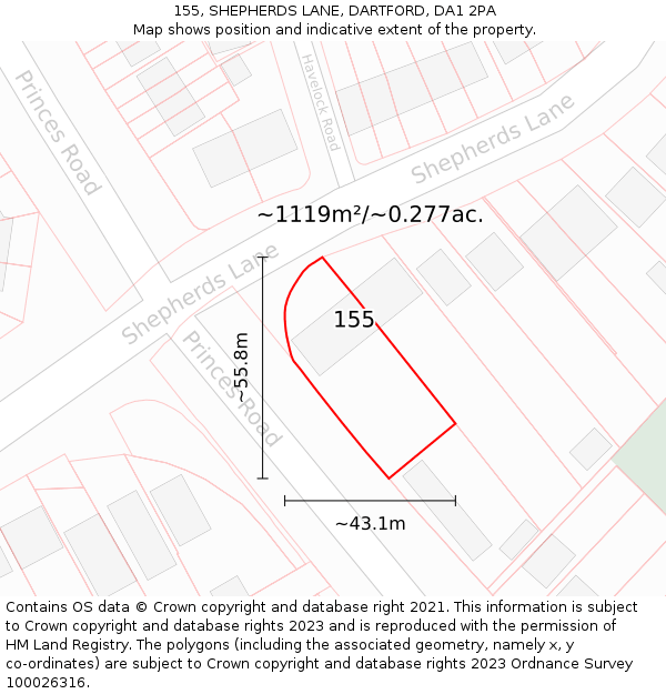 155, SHEPHERDS LANE, DARTFORD, DA1 2PA: Plot and title map