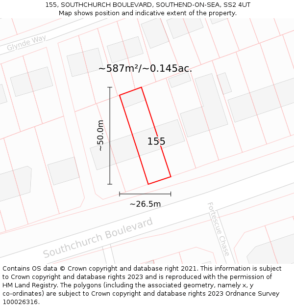 155, SOUTHCHURCH BOULEVARD, SOUTHEND-ON-SEA, SS2 4UT: Plot and title map