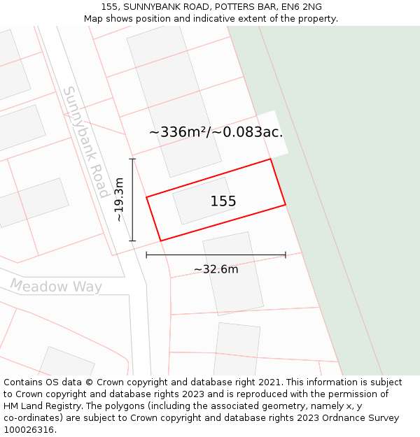 155, SUNNYBANK ROAD, POTTERS BAR, EN6 2NG: Plot and title map