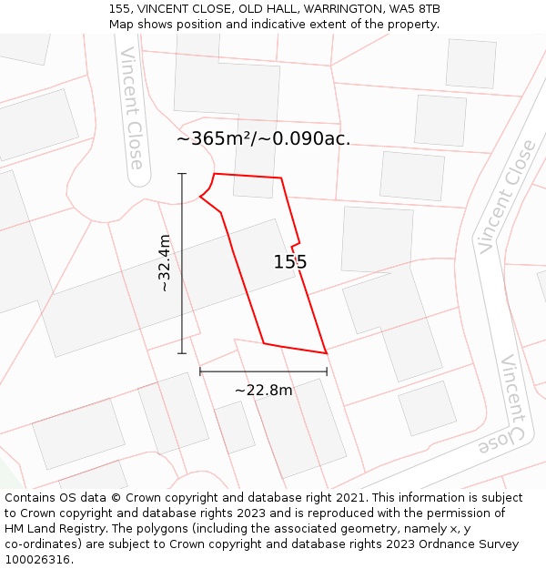 155, VINCENT CLOSE, OLD HALL, WARRINGTON, WA5 8TB: Plot and title map