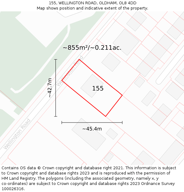 155, WELLINGTON ROAD, OLDHAM, OL8 4DD: Plot and title map