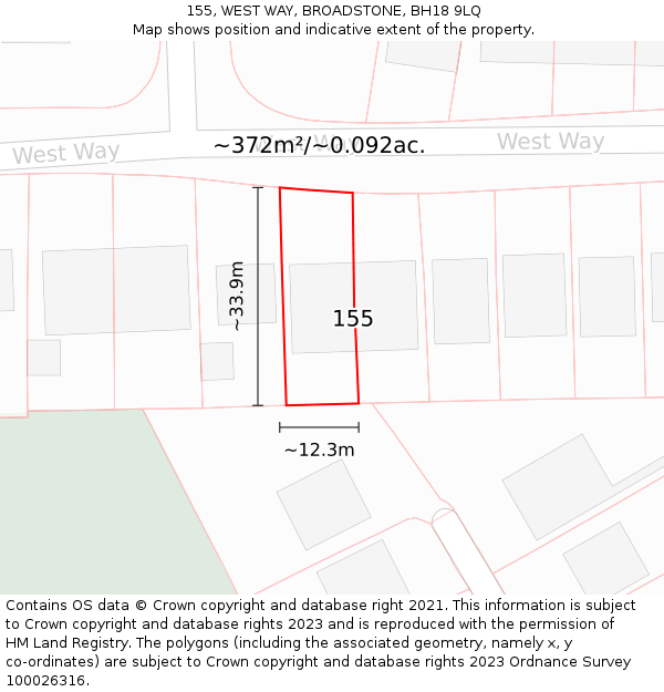 155, WEST WAY, BROADSTONE, BH18 9LQ: Plot and title map