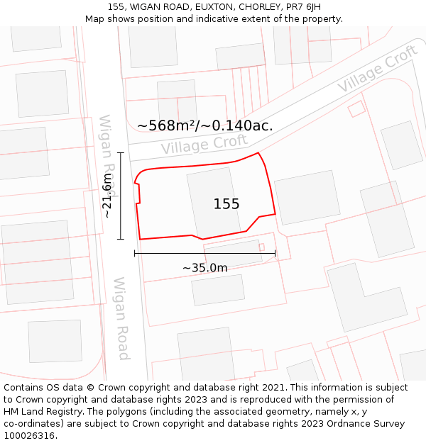 155, WIGAN ROAD, EUXTON, CHORLEY, PR7 6JH: Plot and title map