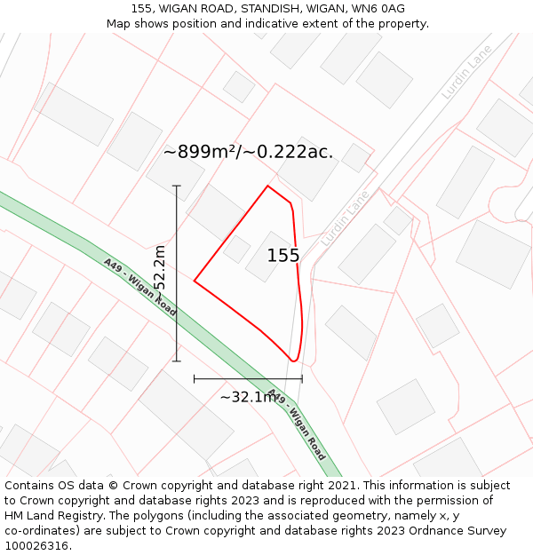 155, WIGAN ROAD, STANDISH, WIGAN, WN6 0AG: Plot and title map