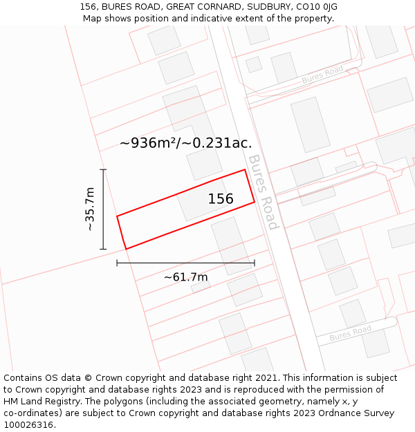 156, BURES ROAD, GREAT CORNARD, SUDBURY, CO10 0JG: Plot and title map