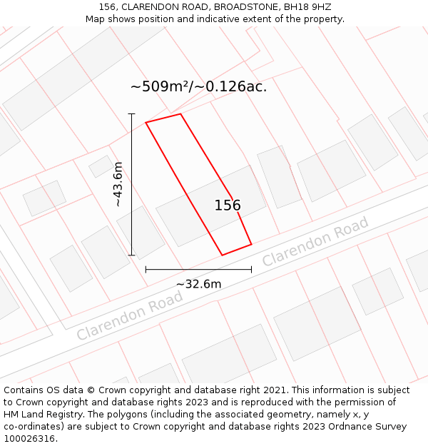 156, CLARENDON ROAD, BROADSTONE, BH18 9HZ: Plot and title map