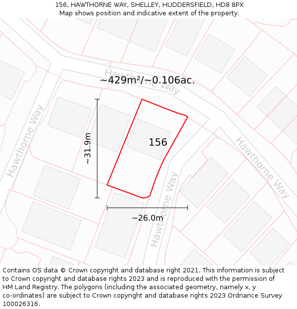 156, HAWTHORNE WAY, SHELLEY, HUDDERSFIELD, HD8 8PX: Plot and title map