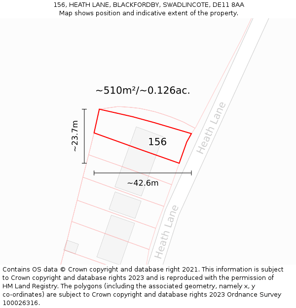 156, HEATH LANE, BLACKFORDBY, SWADLINCOTE, DE11 8AA: Plot and title map