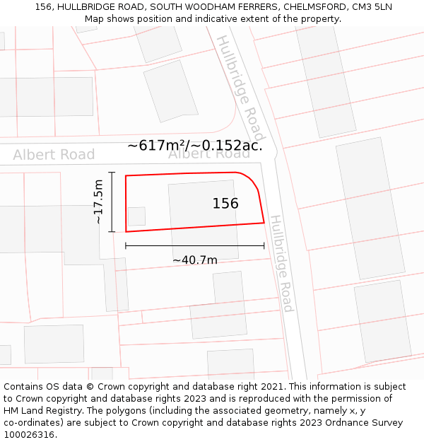 156, HULLBRIDGE ROAD, SOUTH WOODHAM FERRERS, CHELMSFORD, CM3 5LN: Plot and title map