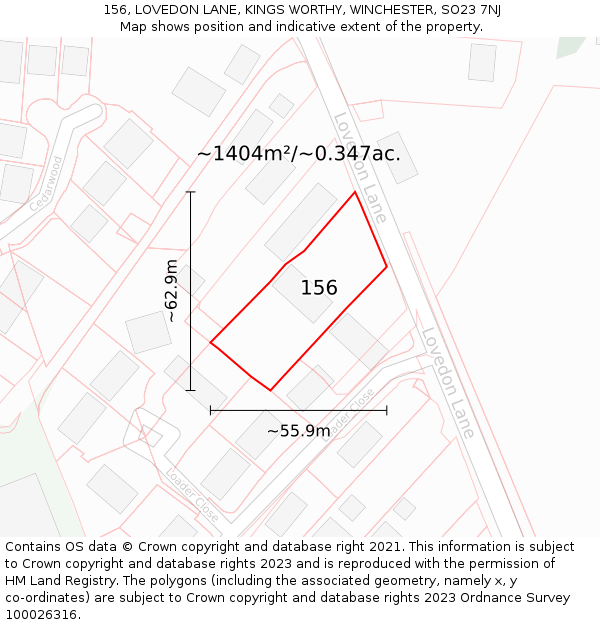 156, LOVEDON LANE, KINGS WORTHY, WINCHESTER, SO23 7NJ: Plot and title map