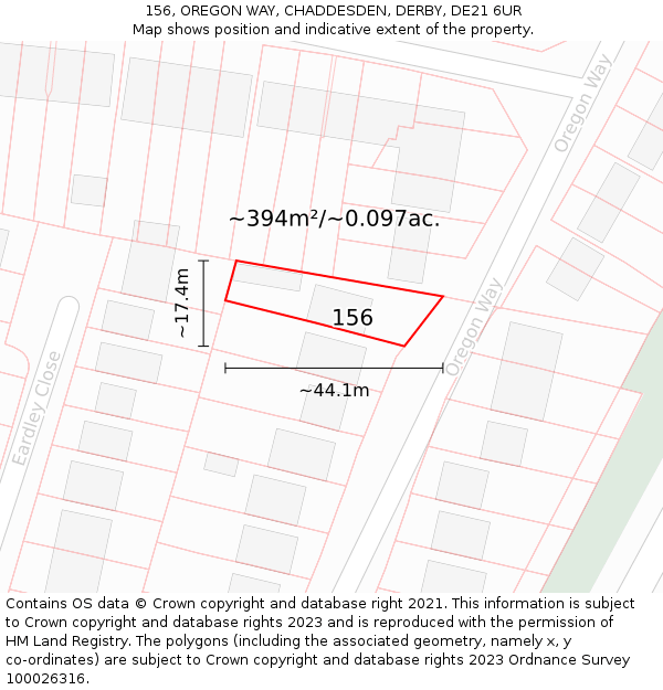 156, OREGON WAY, CHADDESDEN, DERBY, DE21 6UR: Plot and title map