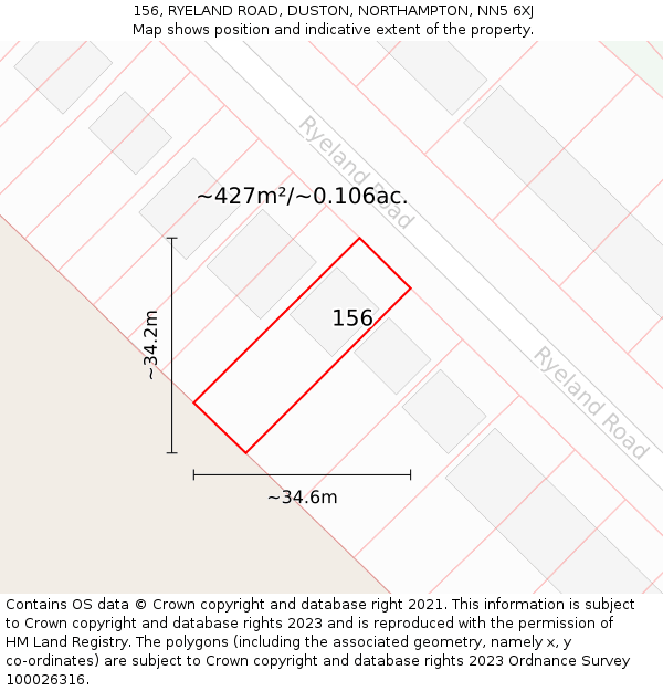 156, RYELAND ROAD, DUSTON, NORTHAMPTON, NN5 6XJ: Plot and title map