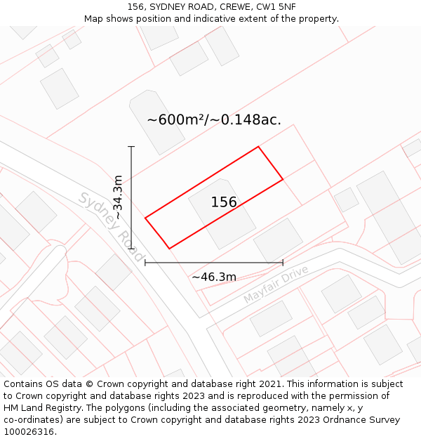 156, SYDNEY ROAD, CREWE, CW1 5NF: Plot and title map