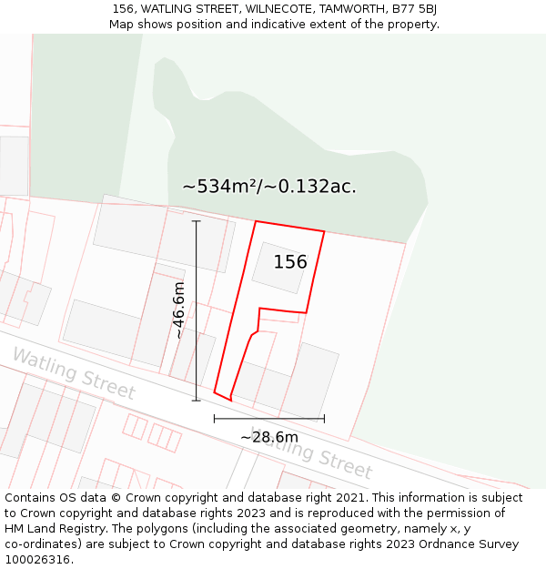 156, WATLING STREET, WILNECOTE, TAMWORTH, B77 5BJ: Plot and title map