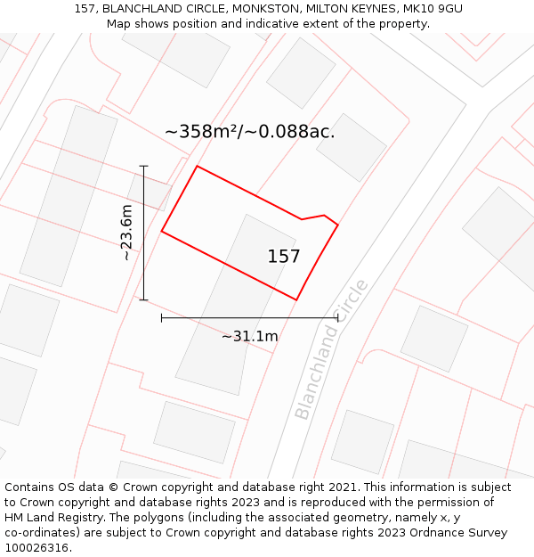 157, BLANCHLAND CIRCLE, MONKSTON, MILTON KEYNES, MK10 9GU: Plot and title map