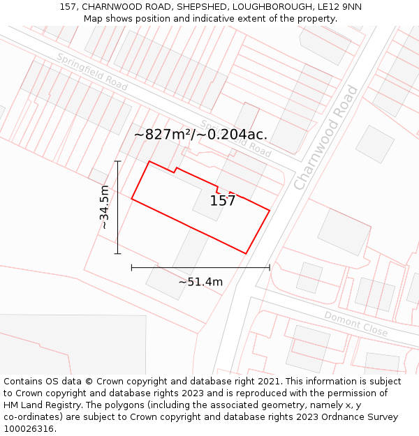 157, CHARNWOOD ROAD, SHEPSHED, LOUGHBOROUGH, LE12 9NN: Plot and title map