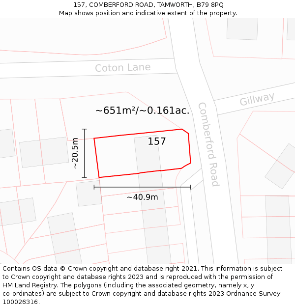 157, COMBERFORD ROAD, TAMWORTH, B79 8PQ: Plot and title map