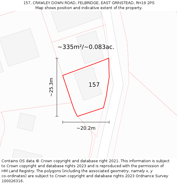 157, CRAWLEY DOWN ROAD, FELBRIDGE, EAST GRINSTEAD, RH19 2PS: Plot and title map