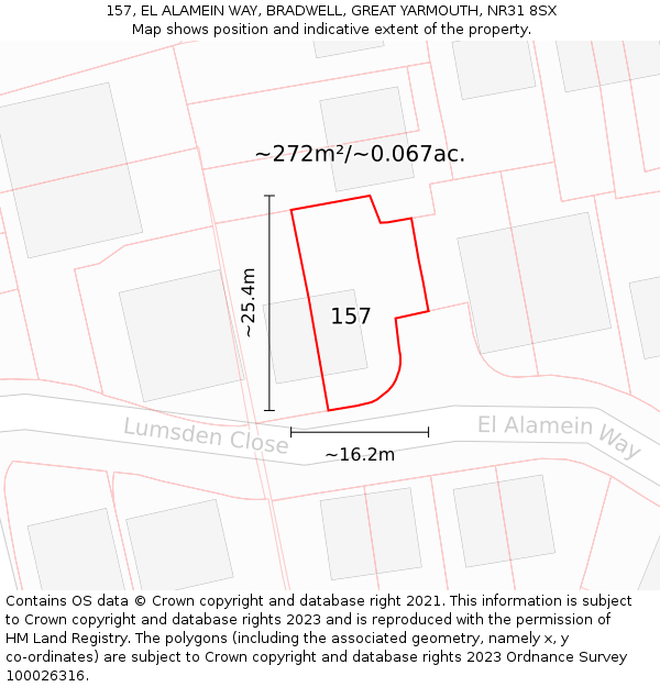 157, EL ALAMEIN WAY, BRADWELL, GREAT YARMOUTH, NR31 8SX: Plot and title map