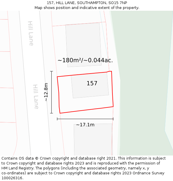 157, HILL LANE, SOUTHAMPTON, SO15 7NP: Plot and title map