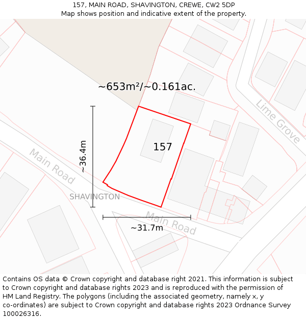 157, MAIN ROAD, SHAVINGTON, CREWE, CW2 5DP: Plot and title map