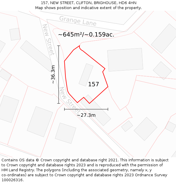 157, NEW STREET, CLIFTON, BRIGHOUSE, HD6 4HN: Plot and title map