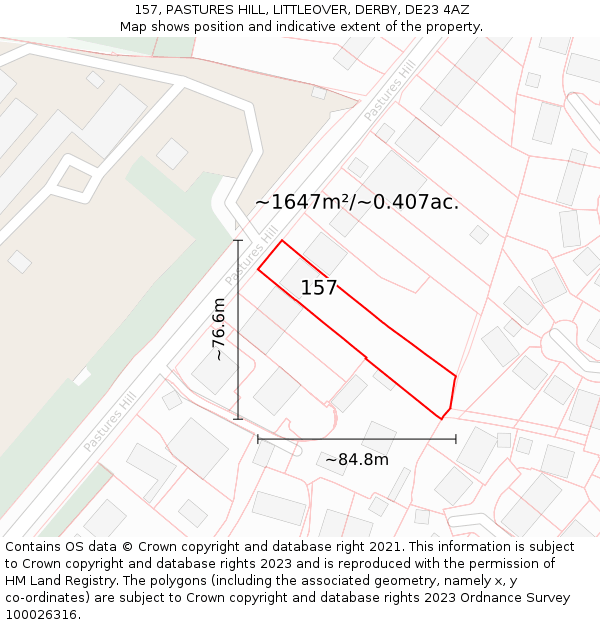 157, PASTURES HILL, LITTLEOVER, DERBY, DE23 4AZ: Plot and title map