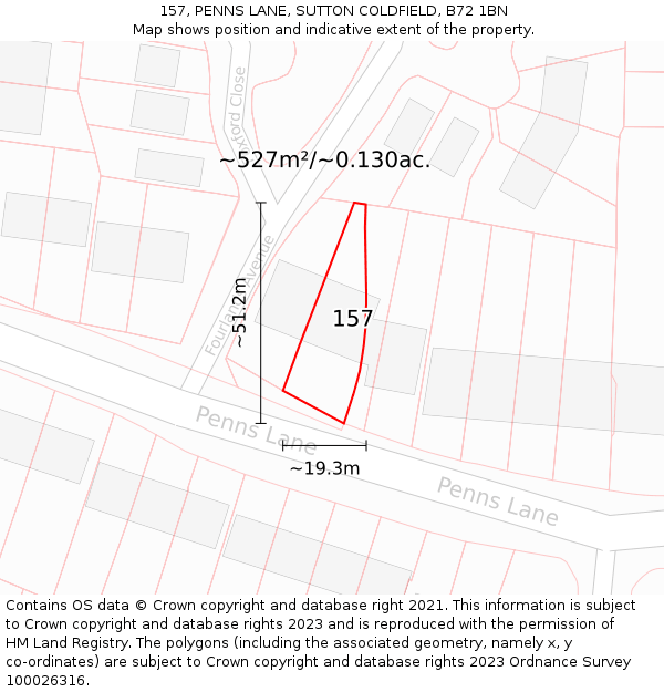 157, PENNS LANE, SUTTON COLDFIELD, B72 1BN: Plot and title map