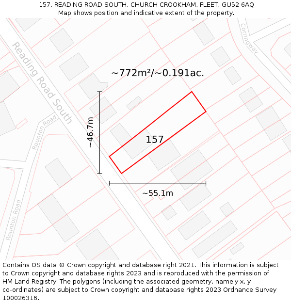 157, READING ROAD SOUTH, CHURCH CROOKHAM, FLEET, GU52 6AQ: Plot and title map