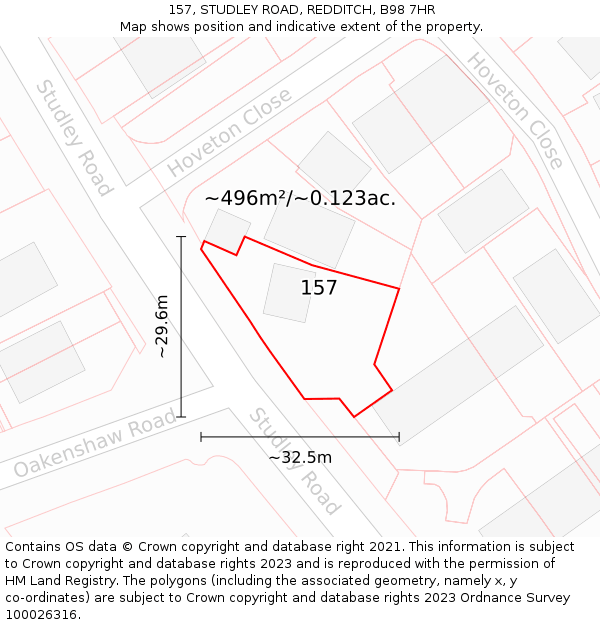 157, STUDLEY ROAD, REDDITCH, B98 7HR: Plot and title map