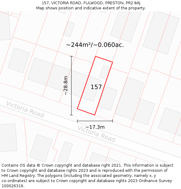 157, VICTORIA ROAD, FULWOOD, PRESTON, PR2 8AJ: Plot and title map