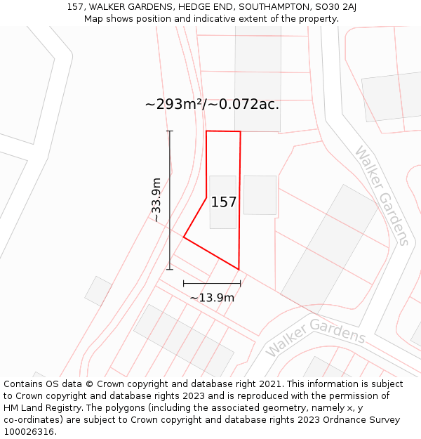 157, WALKER GARDENS, HEDGE END, SOUTHAMPTON, SO30 2AJ: Plot and title map