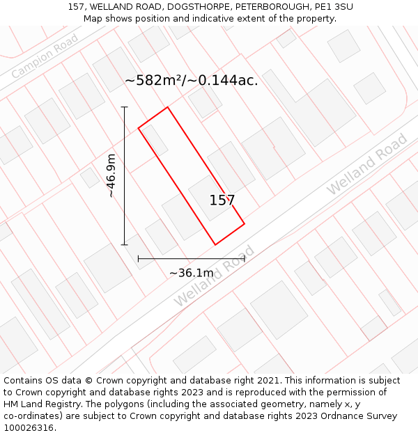 157, WELLAND ROAD, DOGSTHORPE, PETERBOROUGH, PE1 3SU: Plot and title map