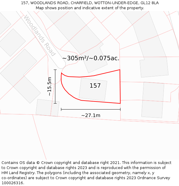 157, WOODLANDS ROAD, CHARFIELD, WOTTON-UNDER-EDGE, GL12 8LA: Plot and title map