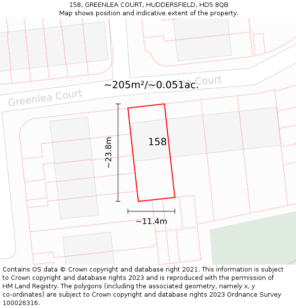 158, GREENLEA COURT, HUDDERSFIELD, HD5 8QB: Plot and title map