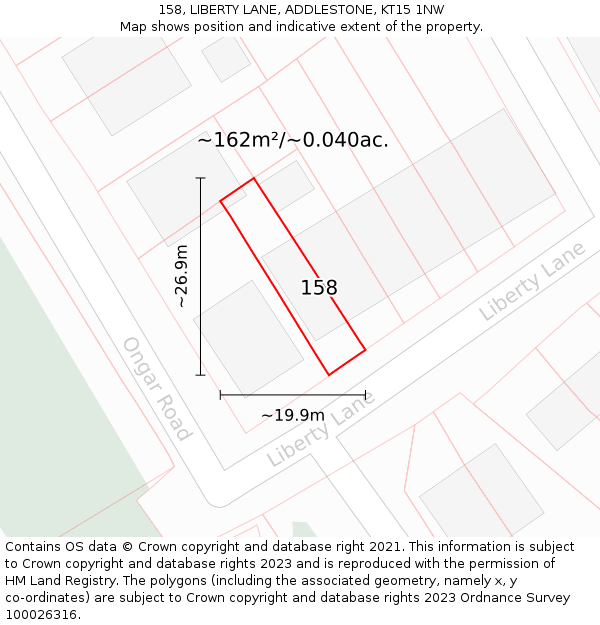 158, LIBERTY LANE, ADDLESTONE, KT15 1NW: Plot and title map