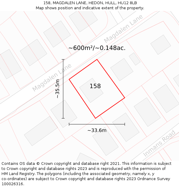 158, MAGDALEN LANE, HEDON, HULL, HU12 8LB: Plot and title map