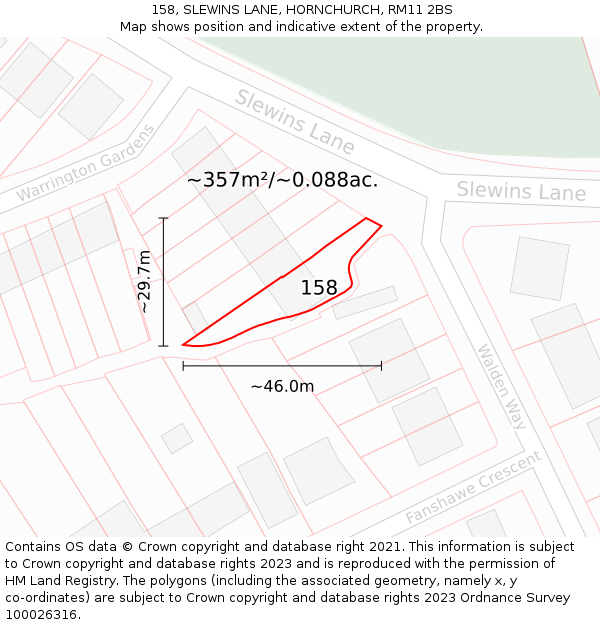 158, SLEWINS LANE, HORNCHURCH, RM11 2BS: Plot and title map