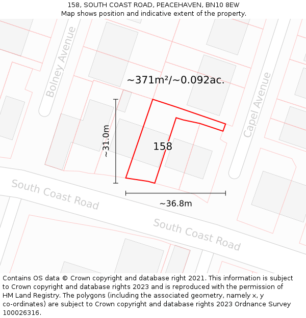 158, SOUTH COAST ROAD, PEACEHAVEN, BN10 8EW: Plot and title map