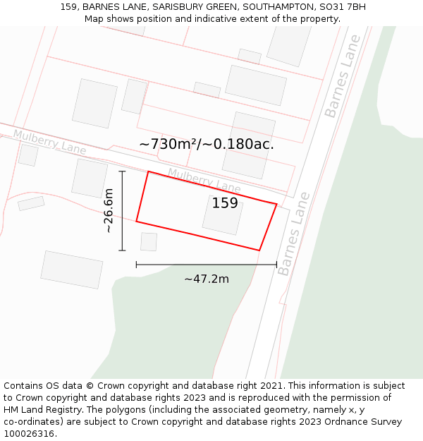 159, BARNES LANE, SARISBURY GREEN, SOUTHAMPTON, SO31 7BH: Plot and title map