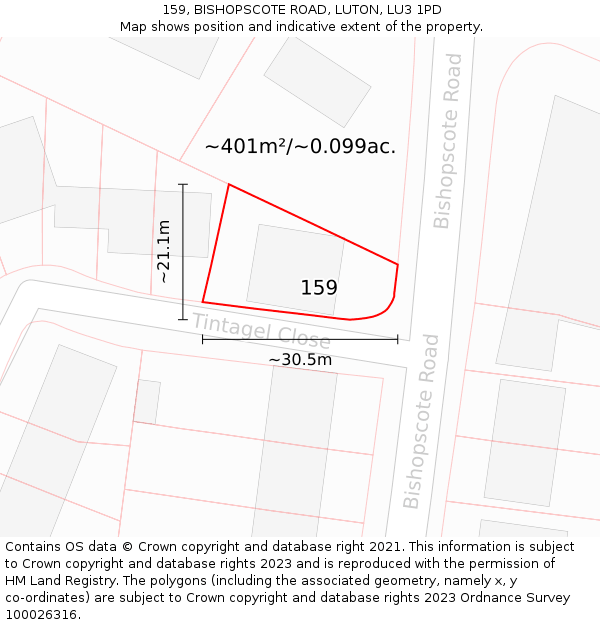 159, BISHOPSCOTE ROAD, LUTON, LU3 1PD: Plot and title map