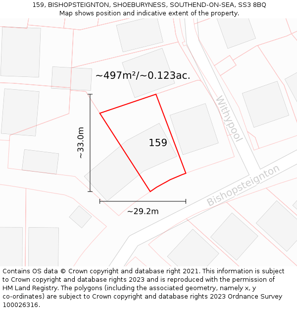 159, BISHOPSTEIGNTON, SHOEBURYNESS, SOUTHEND-ON-SEA, SS3 8BQ: Plot and title map