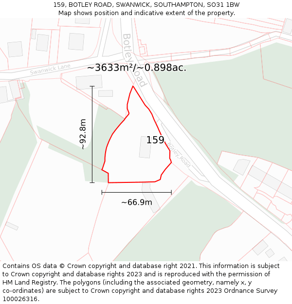 159, BOTLEY ROAD, SWANWICK, SOUTHAMPTON, SO31 1BW: Plot and title map