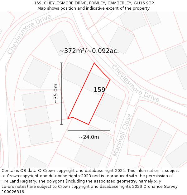 159, CHEYLESMORE DRIVE, FRIMLEY, CAMBERLEY, GU16 9BP: Plot and title map