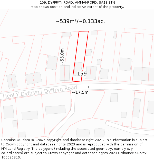 159, DYFFRYN ROAD, AMMANFORD, SA18 3TN: Plot and title map