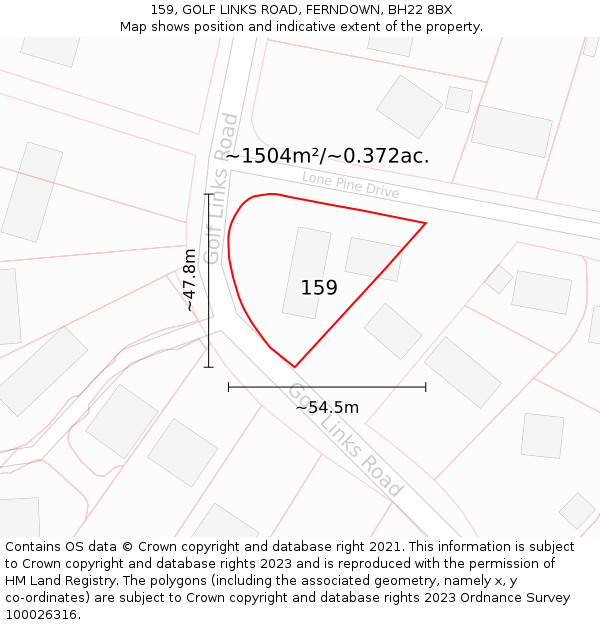 159, GOLF LINKS ROAD, FERNDOWN, BH22 8BX: Plot and title map