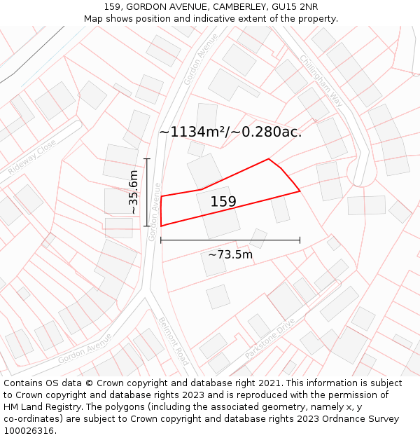 159, GORDON AVENUE, CAMBERLEY, GU15 2NR: Plot and title map