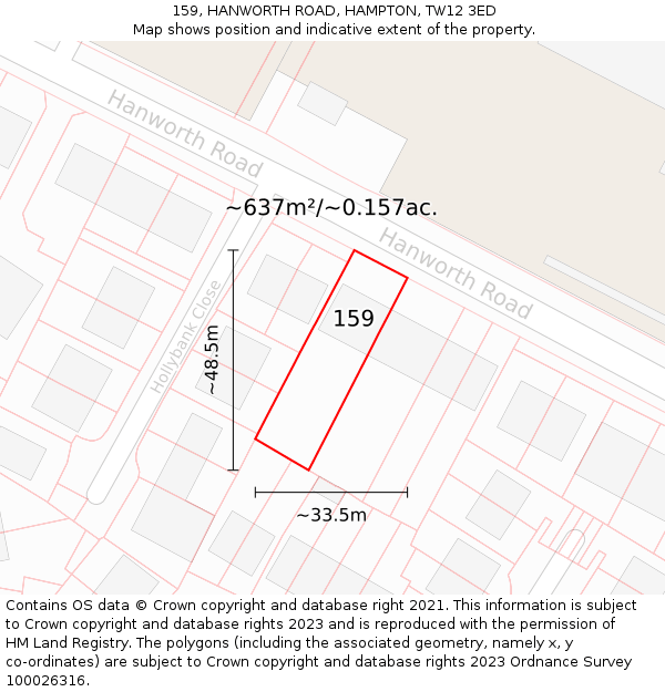 159, HANWORTH ROAD, HAMPTON, TW12 3ED: Plot and title map